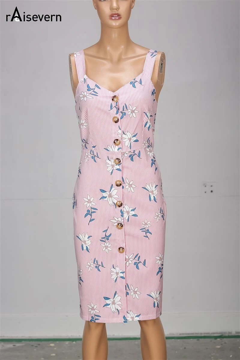 Raisevern Striped Printed Sling Long Split Dress Botton Fishtail 2019 Sweet High Waist Women Tight Sleeveless | Женская одежда