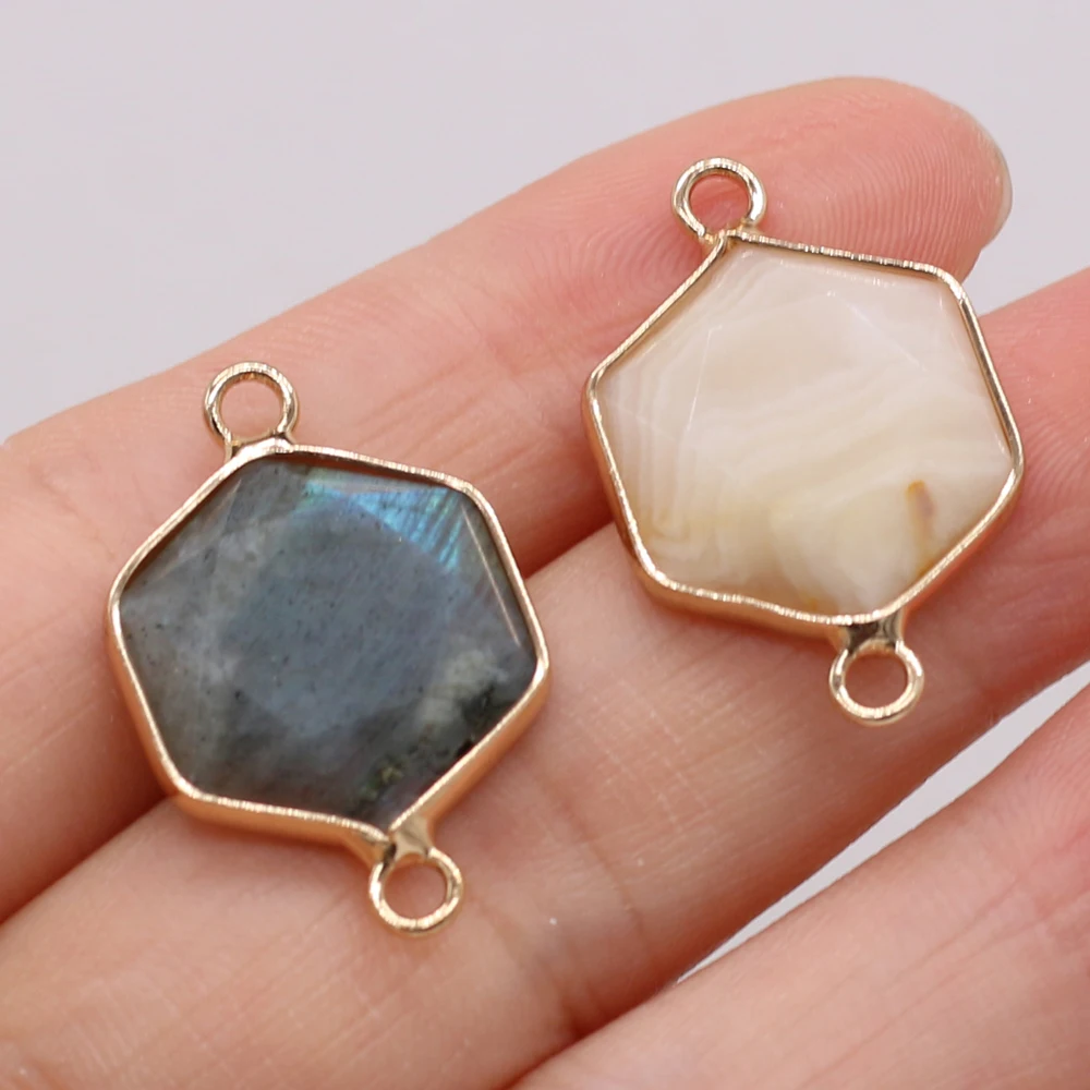 

6PCS Wholesale Natural Stone Hexagonal Connector Pendant For Women Jewelry Making DIY Necklace Accessory Charm Gift