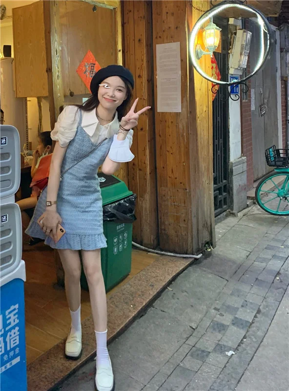 Корейское платье с лацканами светло-голубое поясом и | Женская одежда