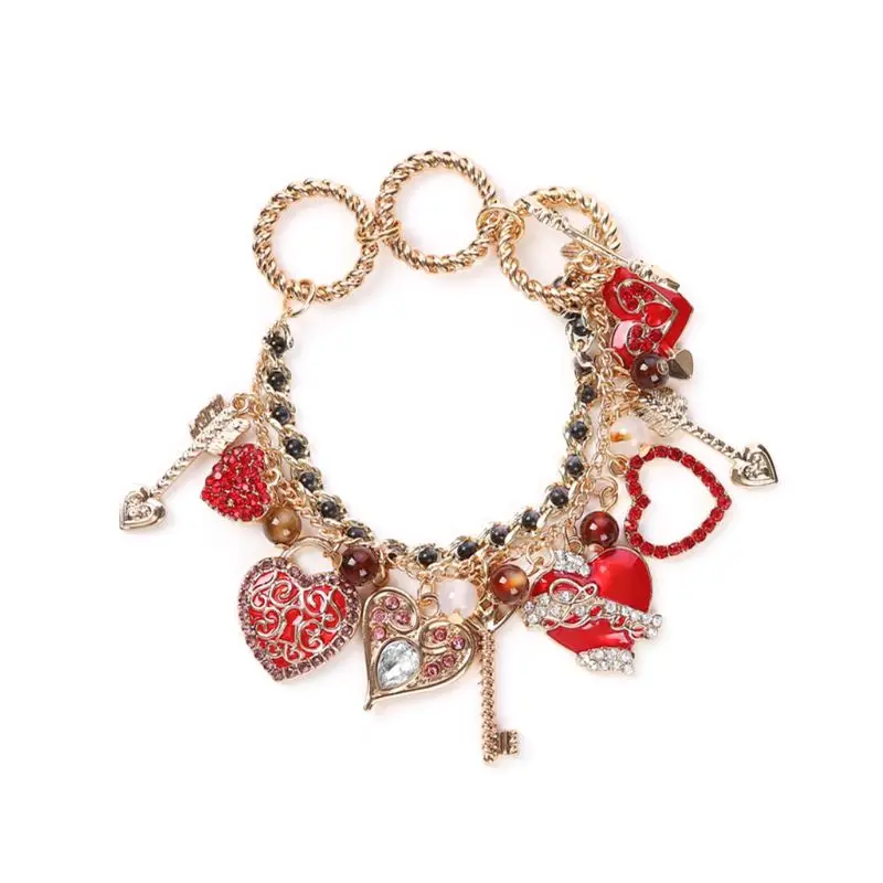 

Red Heart Lock Bracelet Key Pendant Exquisite Pattern Pretty Decor Ornaments Set 6XDA