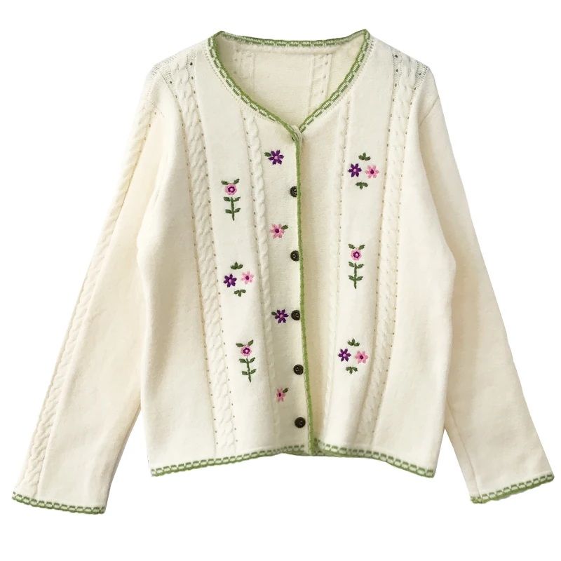 

Flower embroidery hollow out V-neck sweet knitted cardigan sweater