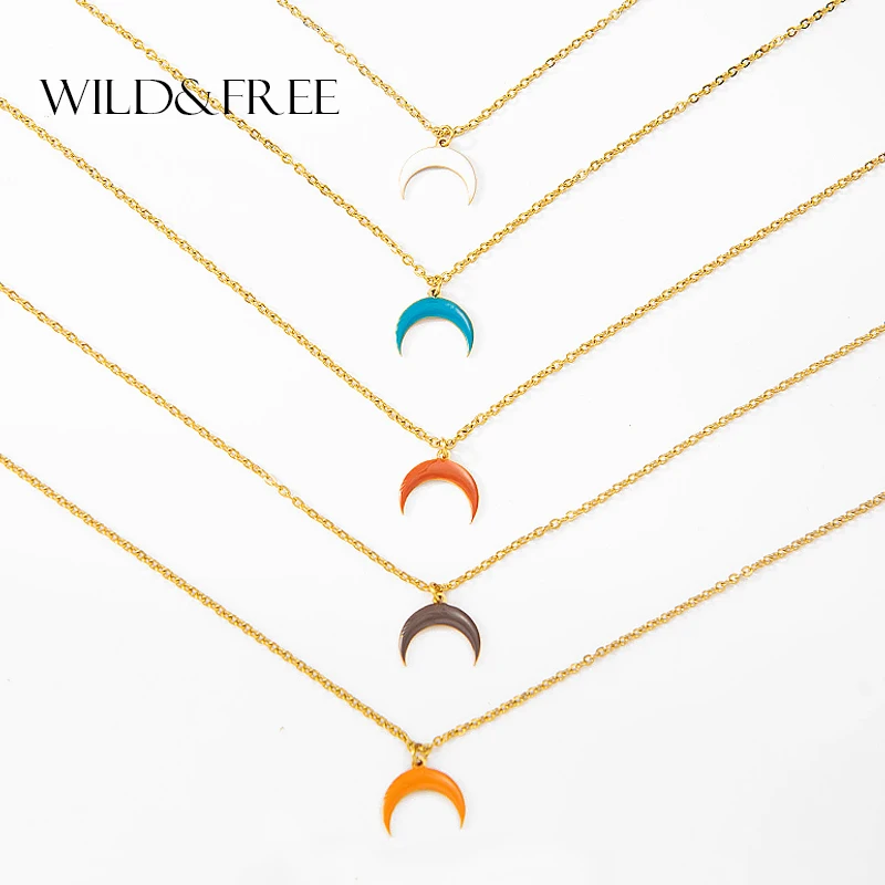 

Gold Plated 316L Stainless Steel Necklace 5 Colors Red Enamel Moon Pendant Necklace for women Choker Necklace Best Gift