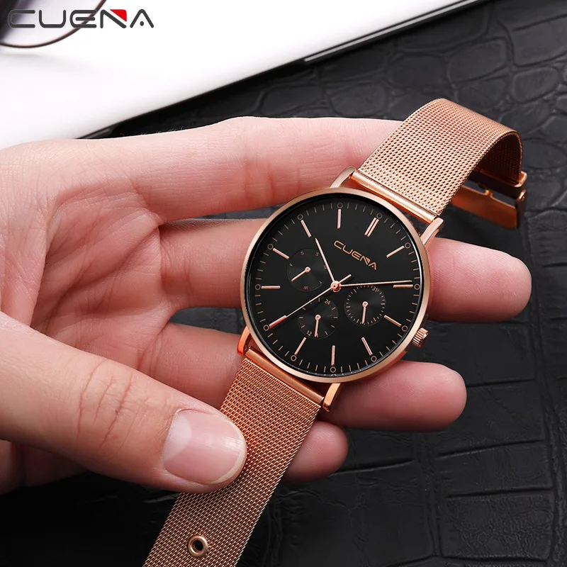 Мужские наручные часы CUENA брендовые деловые из нержавеющей стали с сетчатым