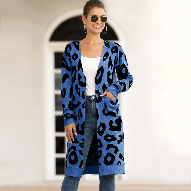 Unique Nature Womens Leopard Cardigan Sweater Open Front Warm Long Sleeve Loose Knit Coat with Pockets |
