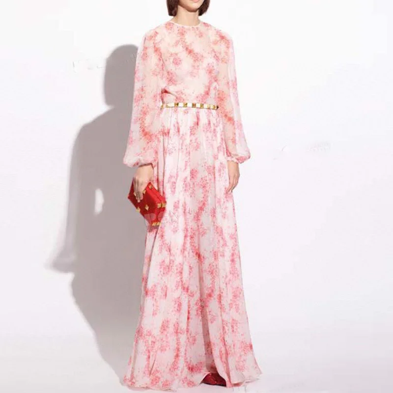 

2021 Autumn New Long Dresses Women Fashion Designer Lantern Sleeve Flowers Printed Runway Elegant Party Dress