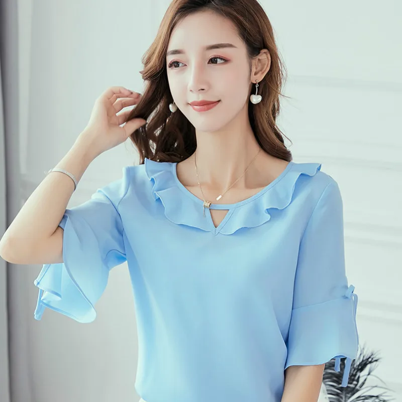 

Shirts Women Chiffon Half Sleeve Solid O-Neck Leisure Shirt Chic Retro Korean Style Womens All-match Blouses Simple Elegant 2020