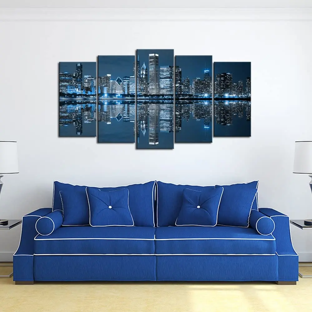 

Chicago Downtown at Night Picture Canvas Print - Modern City Wall Art - Large 5 Panels Artwork for Home Decor Drop shipping