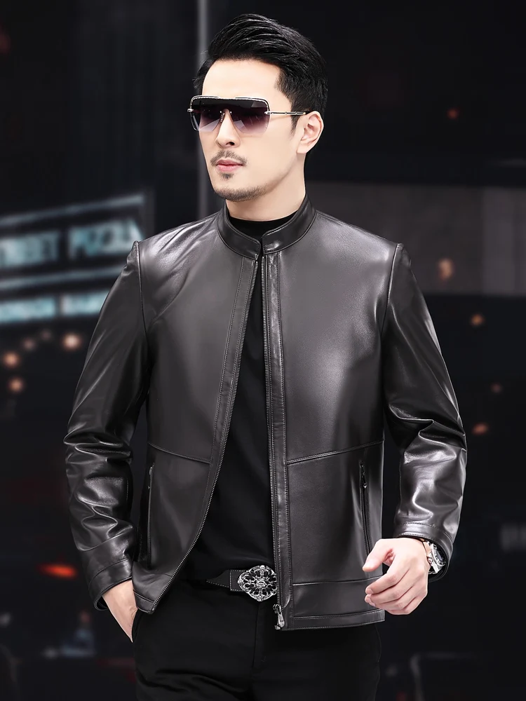 Мужская Байкерская кожаная куртка облегающая из натуральной овечьей кожи модель