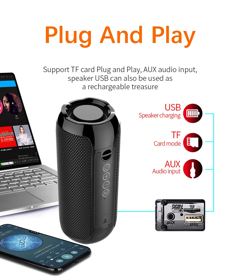TG117 Bluetooth Speaker Portable Waterproof Wireless Bass Column Speakers Support AUX TF Outdoor Music Box Stereo Loudspeaker |