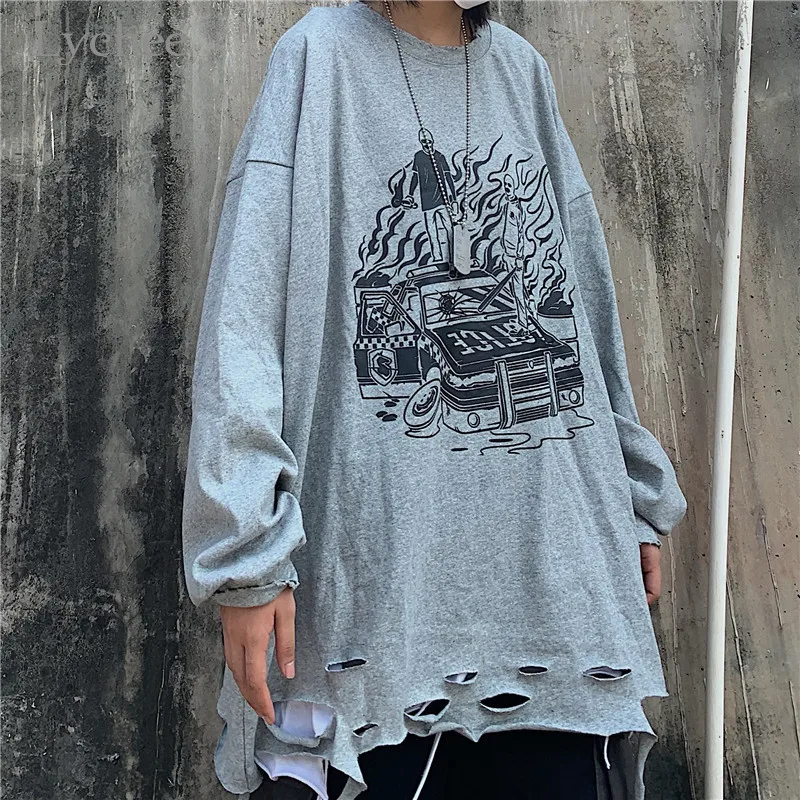 Lychee Harajuku Свободные повседневные женские толстовки с круглым вырезом топ с принтом пламени отверстие Женская Толстовка Топы весна осень женские пуловеры