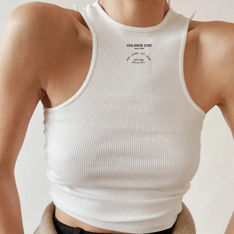 

Sexy White Black Tank Top Sleeveless Embroidery Letter Casual Summer Fashion Women Casual Short Tops 2021 Female Streetwear