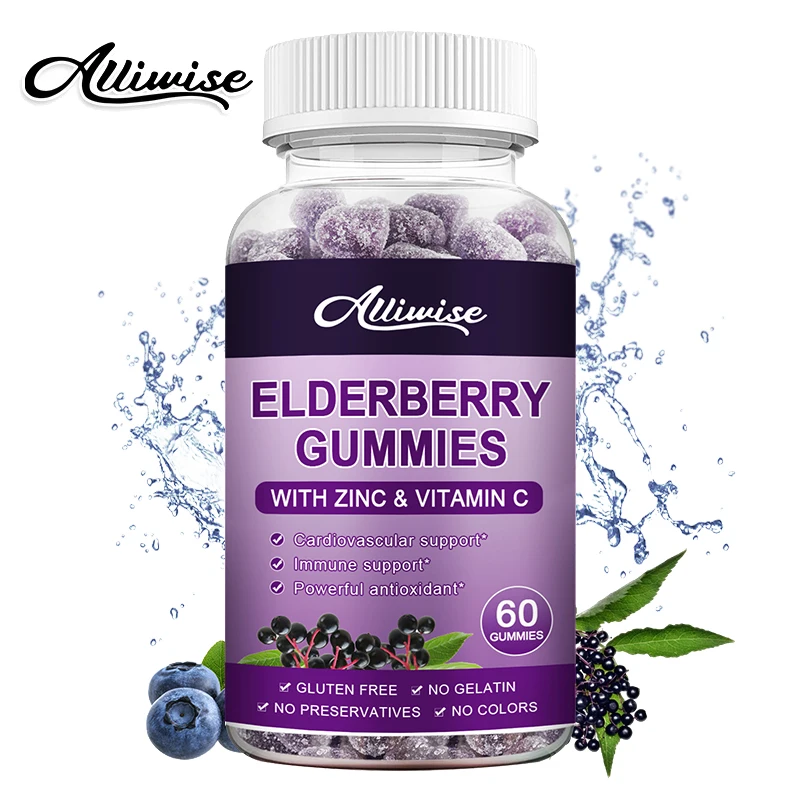 

Alliwise Elderberry Vitamin C Gummies Buleberry Extract Enhance Immune System improve Sleep Relieve Stress Diet Supplement Snack