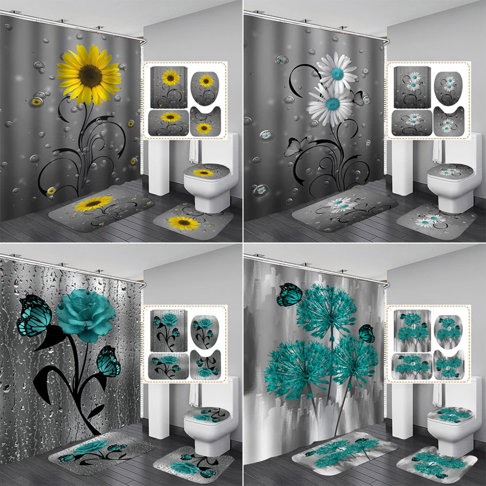 

Sunflower Bathroom Shower Curtain and Rug Sets Butterfly Flower Anti Slip Pedestal Mat Lid Toilet Cover Bath Curtains with Hooks