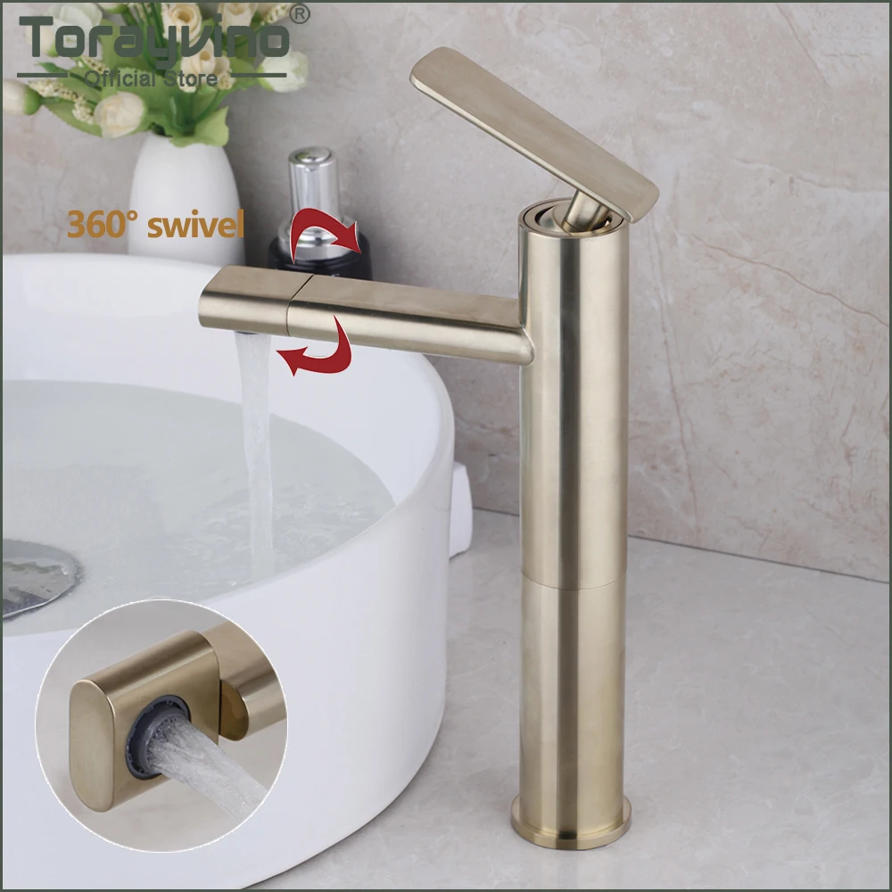 

Torayvino 360 Swivel Spout Bathroom Faucets Brushed Gold Brass Solid Deck Mounted Basin Sink Hot And Cold Mixer Waterfall Tap
