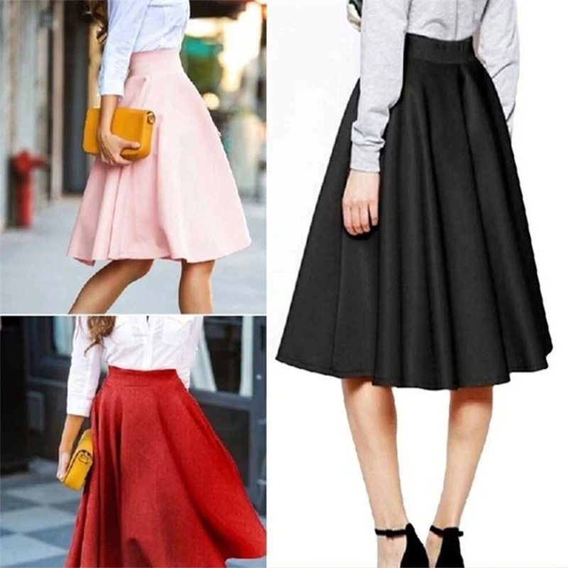 

Summer skirts womens solid causal high waist pleated skirt midi skirt A line skirts faldas mujer moda 2020 jupe femme clothing