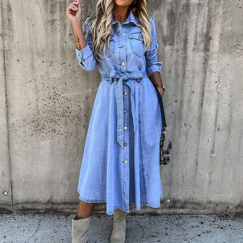 

Ladies High Waist With Belt Dress Autumn Fashion Casual Lapel Denim Long Dress Women Elegant Solid Single-Breasted Pocket Dress