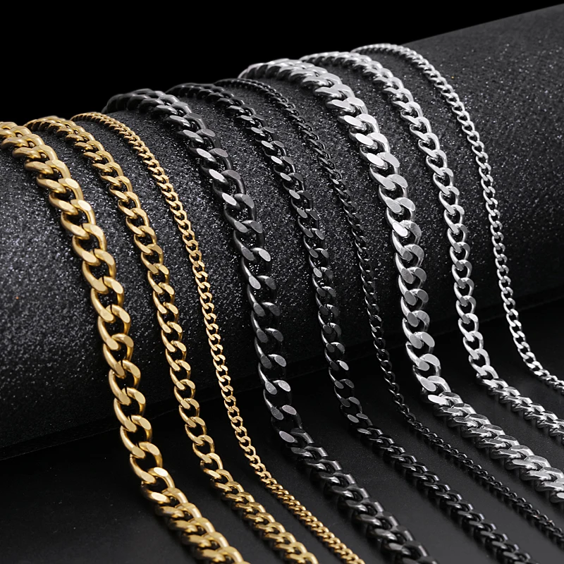 

Punk Style 3 5 7mm Stainless Steel Necklace Men's and Women's Curb Cuban Chain Necklace Vintage Black Gold Tone Solid Metal