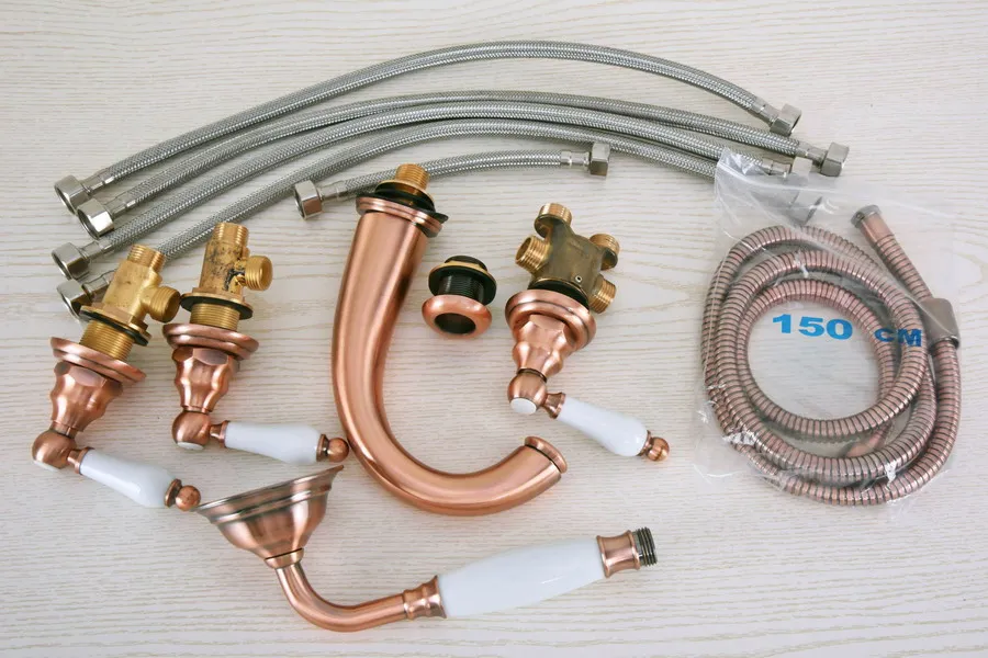 

Antique Red Copper Brass Widespread Deck-Mounted Tub 5 Holes Three Handles Bathroom Tub Sink Basin Faucet Tap Hand Spray mtf232