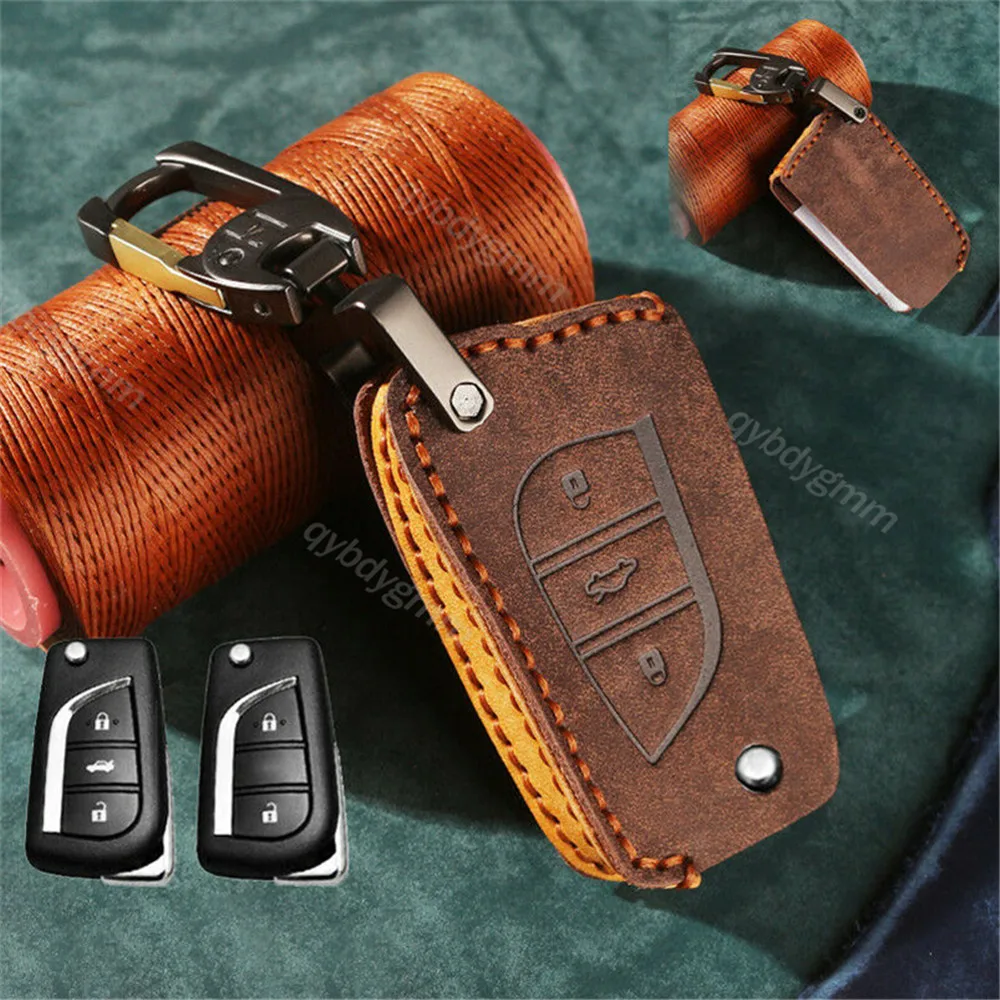 

Leather Car Smart Remote Flip Key Fob Cover Skin Case Protector Shell For Toyota Camry 2018-up Keychain Holder