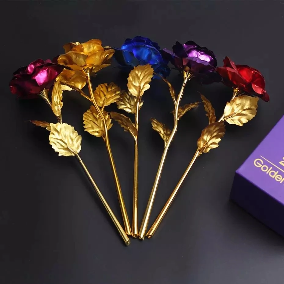 

Drop Shipping 24K Foil Plated Gold Rose Flowers Glaxy Box Wedding Decor Valentine's Day Creative Gift Golden Rainbow Rose