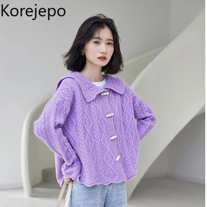 

Korejepo Women Short Sweater 2021 Autumn Winter New Korean Chic Retro Turn-down Collar Horn Button Jacket Loose Knitted Cardigan