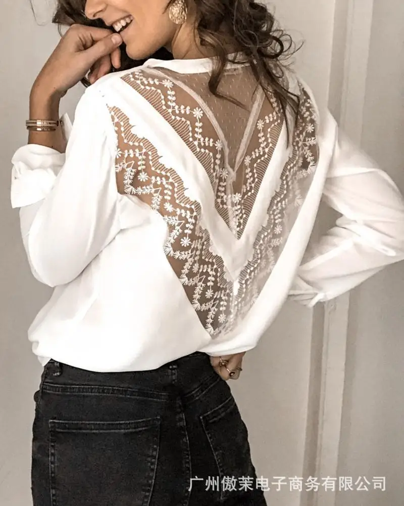 

Spot 2021 Women's New Stitching Lace Long-sleeved Slim Bottoming Shirt for Women