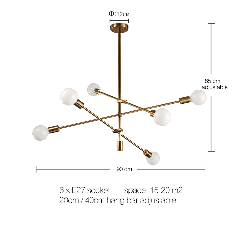 6 lights golden DAR скандинавские вращающиеся люстры DIY подвесной светильник 220 в 110 В современная светодиодная люстра светильник ing для гостиной ресторанов - Цвет абажура: 6 lights golden
