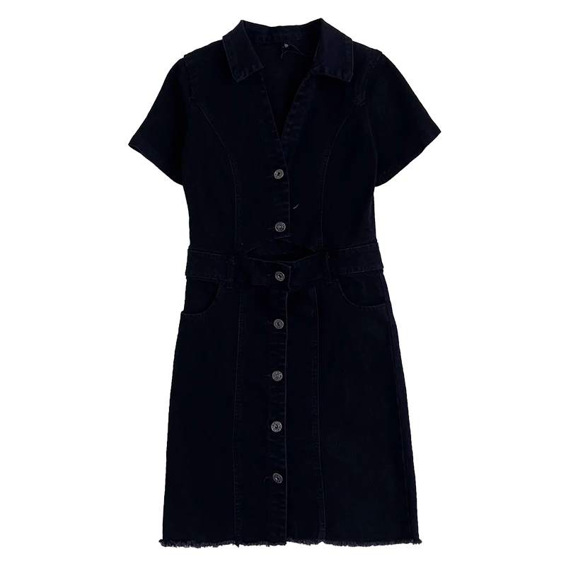 

Temperament washed turn-down collar buttoned slim fit denim dress