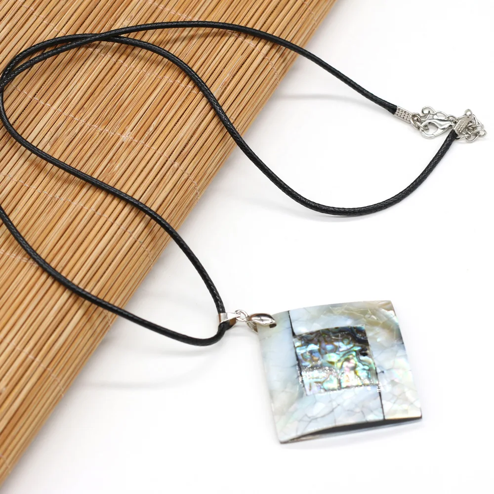

Natural Shell Necklace With Square Pendant Leather Cord 2MM Charms For Elegant Women Love Romantic Gift