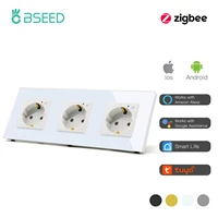 bseed zigbee wall triple socket europe standard crystal glass panel white black gold electrical outlet work with tuya