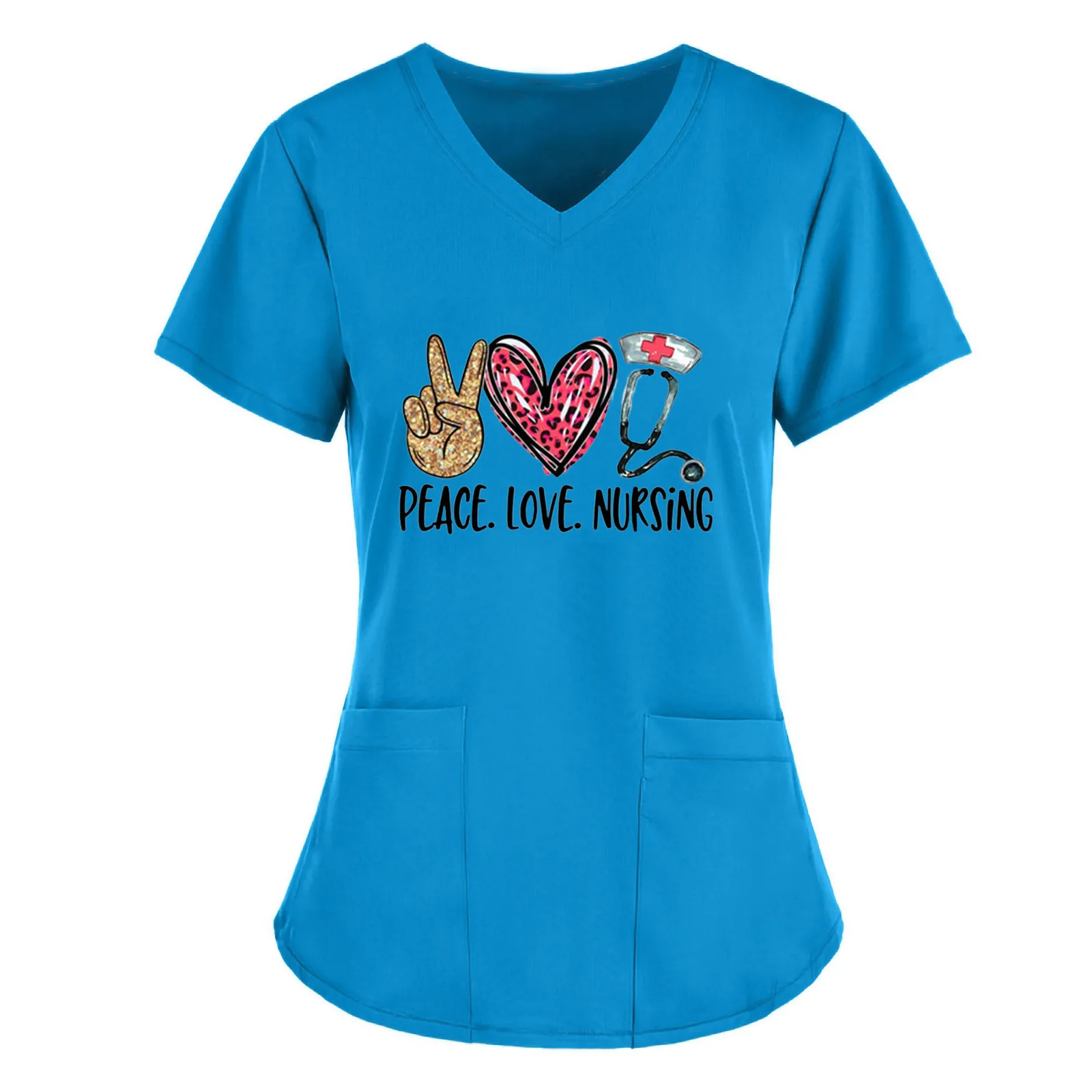 

Nurse Uniform Scrubs Women Short Sleeve V-neck Tops Working Uniform Floral Love Print Pocket Blouse Uniforme Enfermera Mujer New