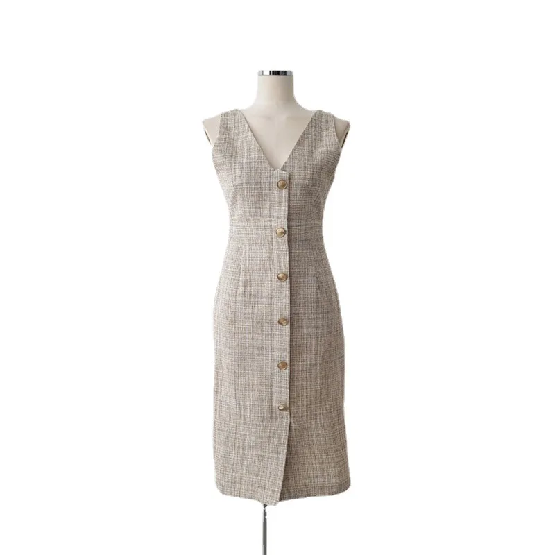 

One Piece Dropshipping Simple Plaid Single-Breasted Slim Fit Elegant Retro Sleeveless Dress Vest Dress