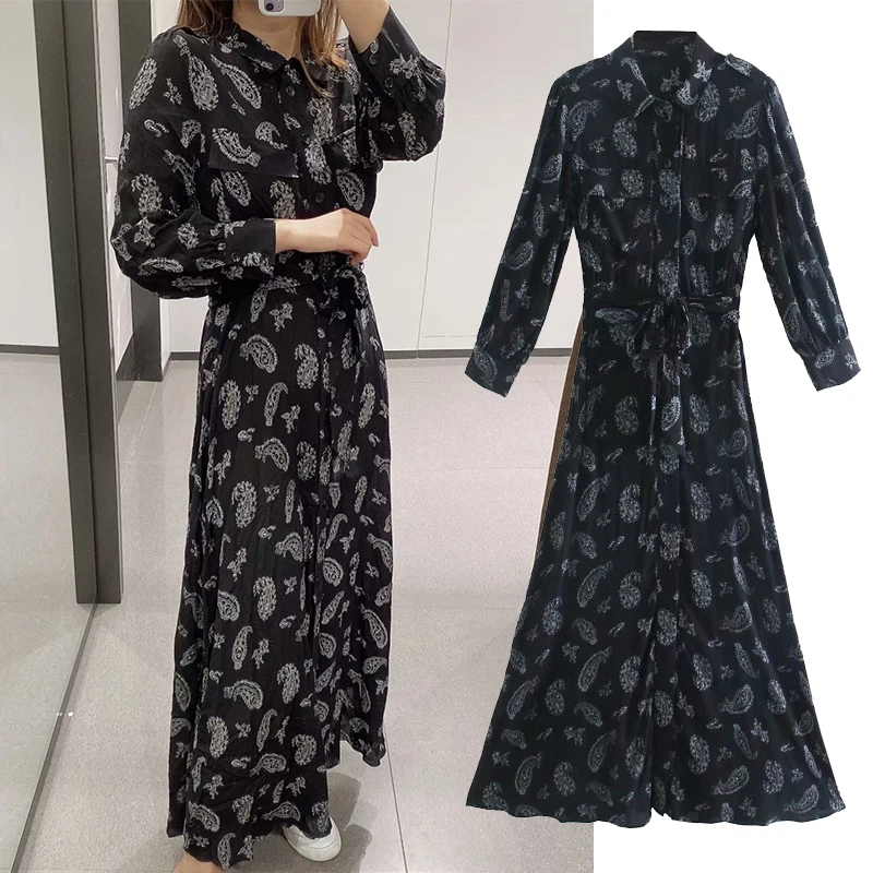 ZA 2020 NEW black Lace up printing dress womens midi lapel Retro Long sleeve slim waist vestidos chic party dresses | Женская одежда