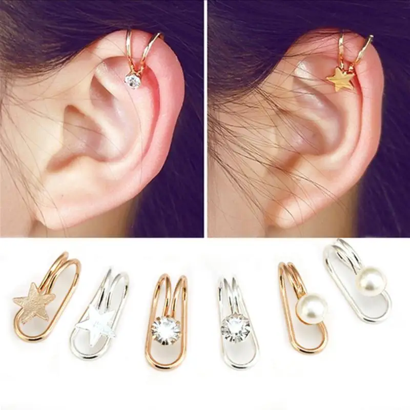

Fashion Ear Bone Clip U-shaped Star Moon Earrings Punk Women Metal Buckle Fake Perforated Ear Clip Thornless Pearl Earrings
