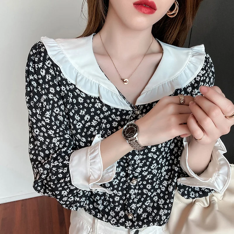 

ZAWAHIKI Peter Pan Collar Women Shirts Floral Printed Spring 2021 Retro Blouses Korean Long Sleeve Tops Elegant Ins Blusas Mujer