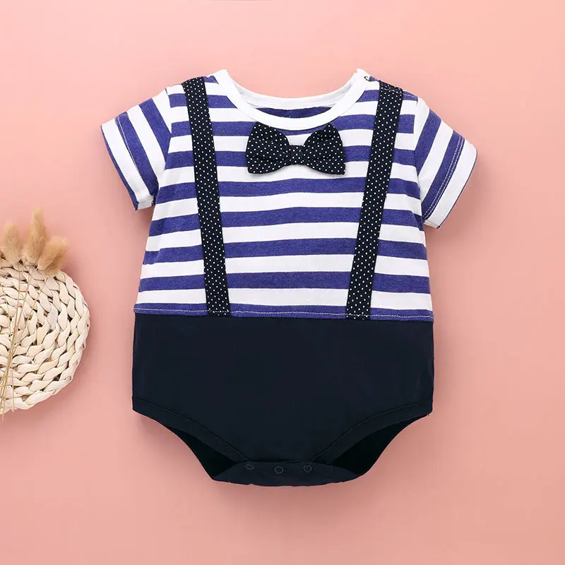 

New 2021 Infant Newborn Boys Girls Clothes Summer Short Sleeve O Neck Bow Striped Cute Baby Rompers Clothes Outfits