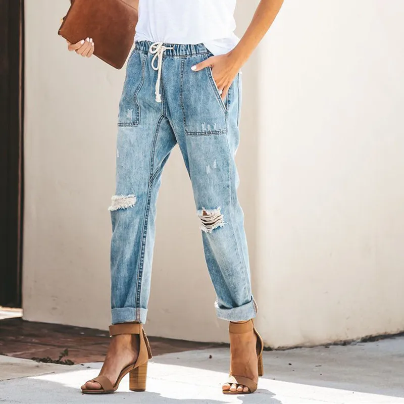 

2019 Autumn Straight Pencil Pants Vintage High Waist Jeans Womens Pants Ladies Casual Loose Solid Cowboy Long Pants