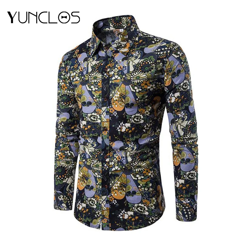 Мужская рубашка из льна с длинным рукавом в этническом стиле повседневная яркая