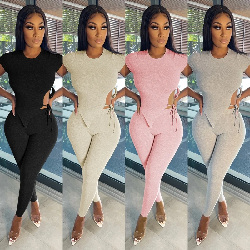 

ZKYZWX Sexy Knitted Two Piece Club Outfits Bandage Crop Top Sweatpants Summer Clothing for Women Tracksuit Club Matching Sets