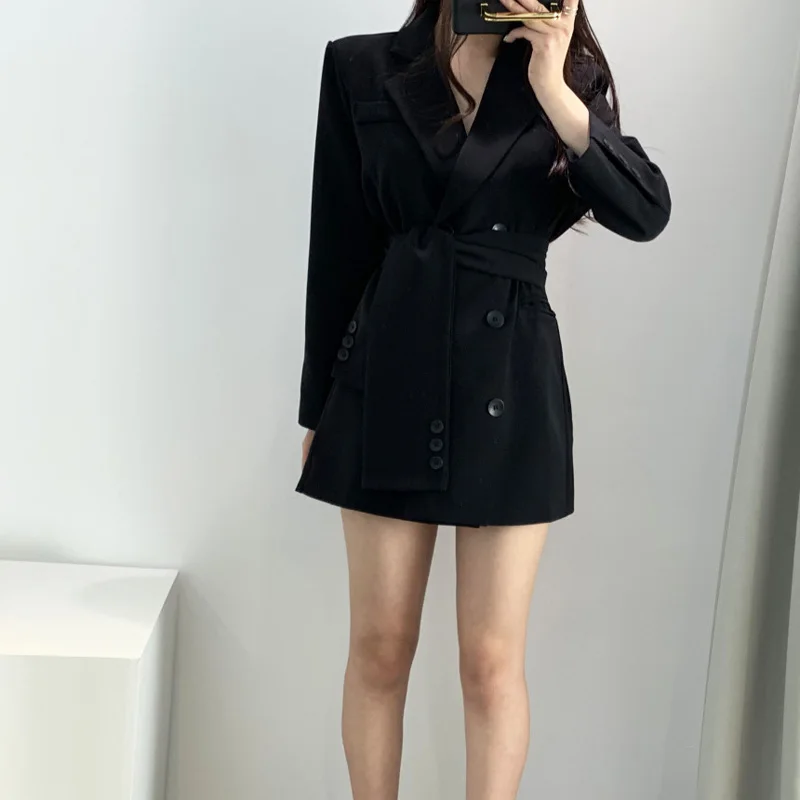 Женский блейзер с поясом Mozuleva Осеннее офисное платье-блейзер вырезом и уличная