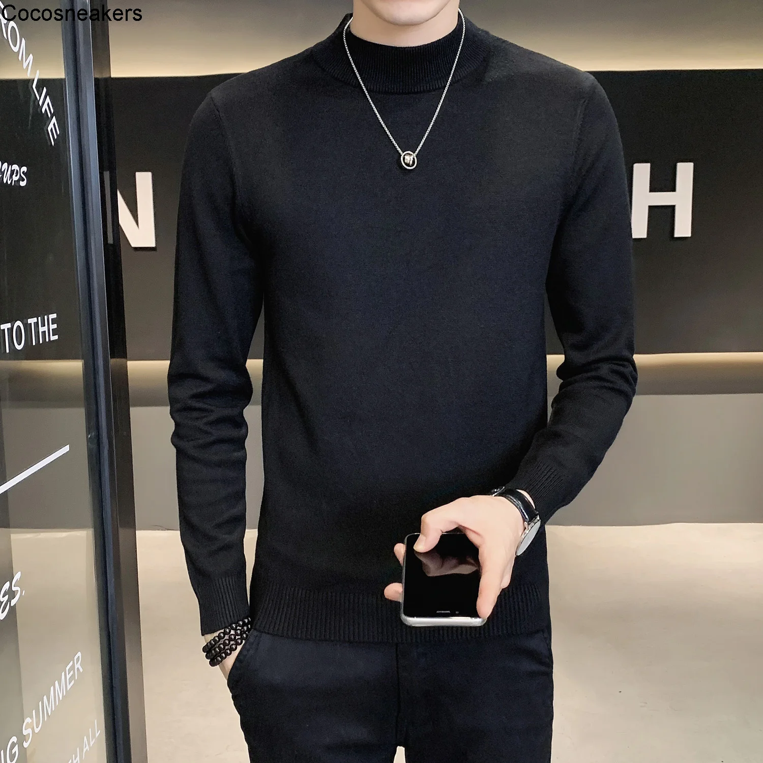 

Run 2021 autumn and winter new men's middle neck sweater Korean slim fit white bottomed shirt half high neck knitted sweater