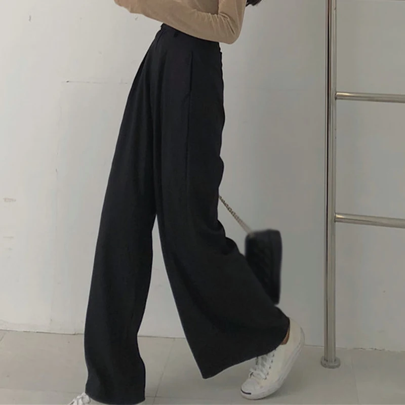 

Autumn Wide Leg Full Length Women's Pants High Waist Pocket Female Pant All-Match Streetwear Solid Casual Loose Ladies Bottom