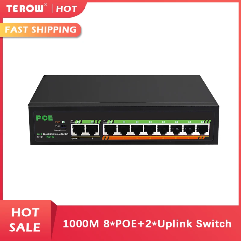 

Gigabit Switch 8 Port 10/100/1000Mbps POE Switch 2 Port 1000Mbps Uplink Ethernet Switch 52V 120W Bulit-in Power Supply with VLAN