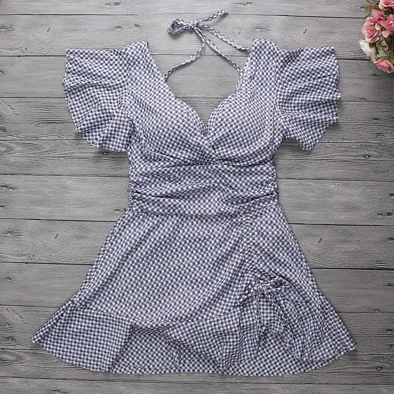 

YinFengTing Women Push Up One Pieces Swimwear Short Sleeve Swim Beach Dress Sexy Drawstring Bathing Suits Female Swimsuit 2023