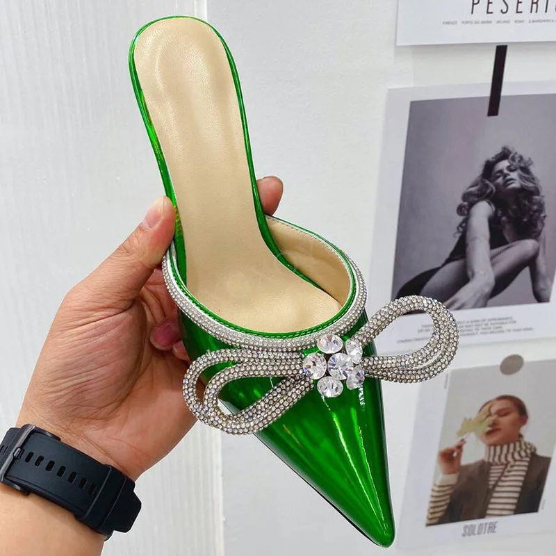 

Мюли женские на высоком каблуке, туфли с кристаллами, заостренный носок, сандалии с ремешком на пятке, Элегантные дизайнерские, с бантом, сим...