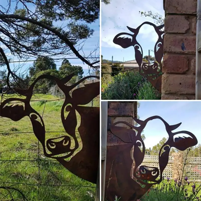 Decorative Metal Garden Wall Tree Hanging Ornaments Farm Peeping Cow Sheep Balcony Yard Outdoor Statues Home Decor Art Ornaments