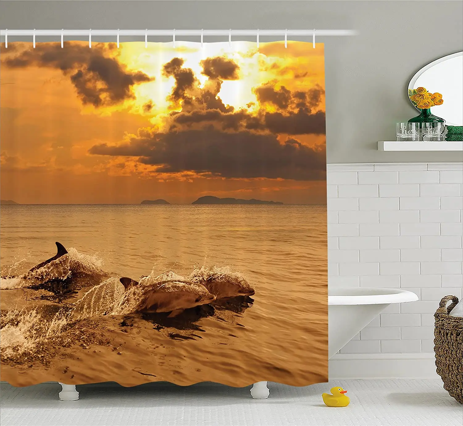 

Декоративная занавеска для душа с изображением морских животных, дельфинов на закате с водяными брызгами, игривое животное в сумерках, зана...