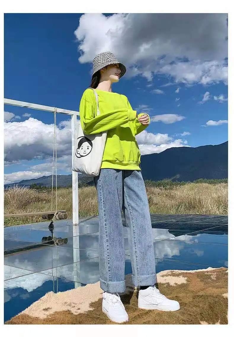 

Thin mopping jeans in spring and summer Female Korean version of large size loose students Joker high waist slim wide leg pants