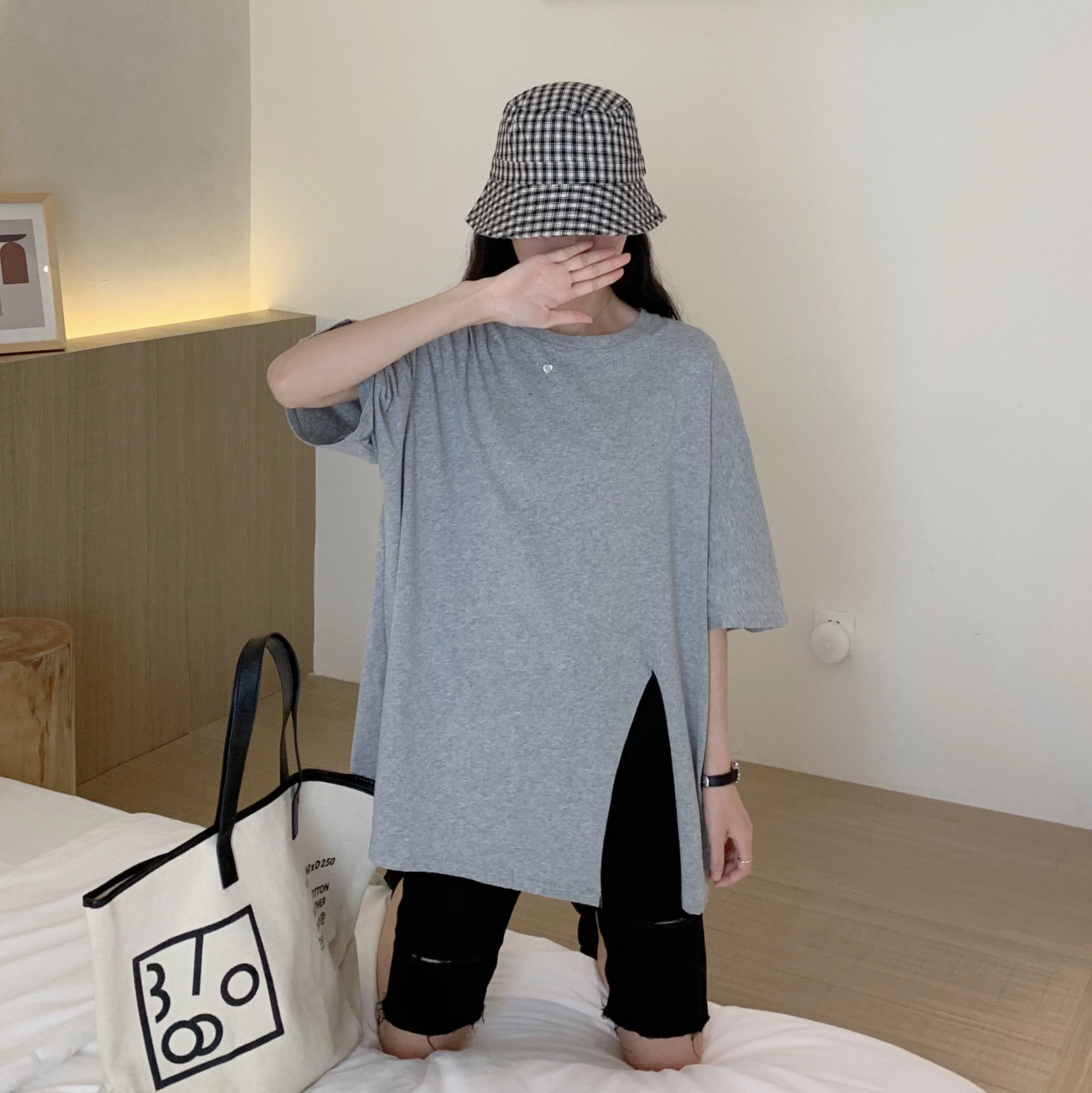 

Pure Cotton White Split Short-Sleeved T-shirt Women's 2021new European Goods Unique Design Korean Style Chic Top Clothes