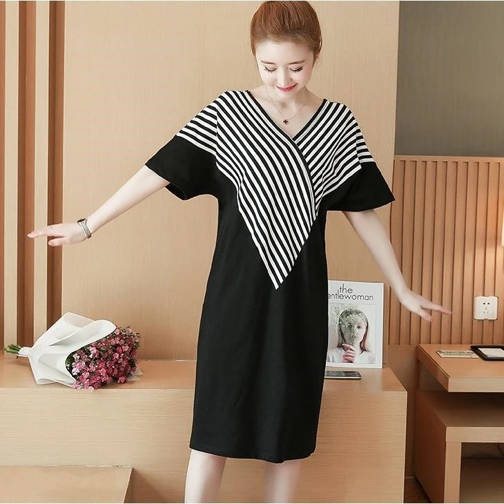 FJ1347B-2020 summer new large size women's short-sleeved V-neck t-shirt casual mid-long striped dress women | Женская одежда
